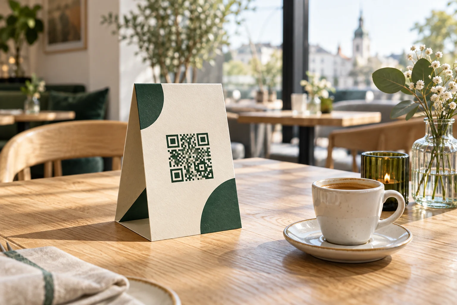 Iliustracinė stalo kortelė su QR kodo raštu šviesioje kavinėje